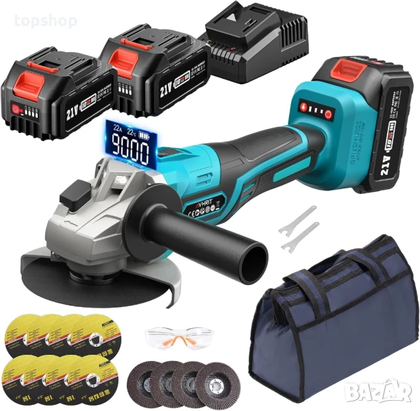 НОВ безжичен безчетков ъглошлайф Avhrit AG034 2X4.0AH батерии, 21V, 9000 об/мин, бързо зарядно ..., снимка 1