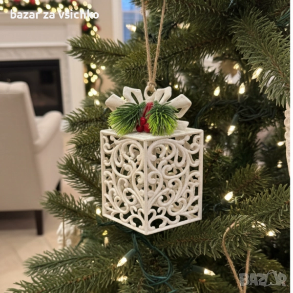 Коледни играчки за елха „Winter White Elegance“ – луксозни висящи декорации с натурален завършек и с, снимка 1