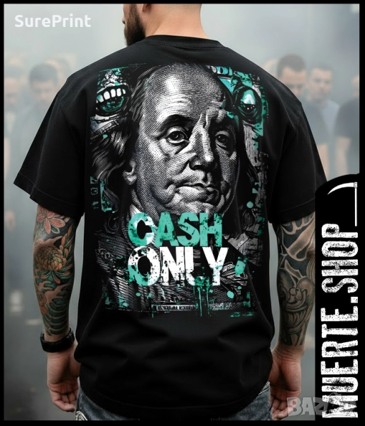 Черна тениска с щампа CASH ONLY DOLLARS, снимка 1