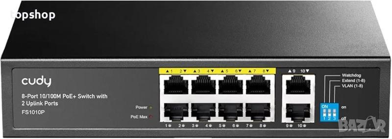 Нов Switch (Комутатор) Суич Cudy FS1010P, 8 портов, 10/100, PoE+ Switch 120W, 2 x Uplink порта CUDY, снимка 1