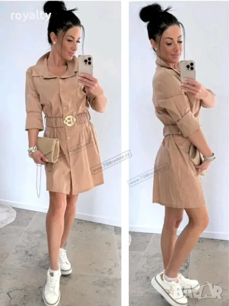 Бежова рокля риза с колан, снимка 1