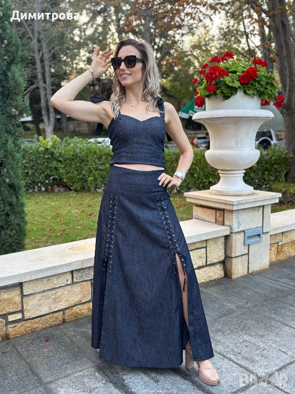 Дълга дънкова  пола с капси XS, S, M , L, XL, снимка 1