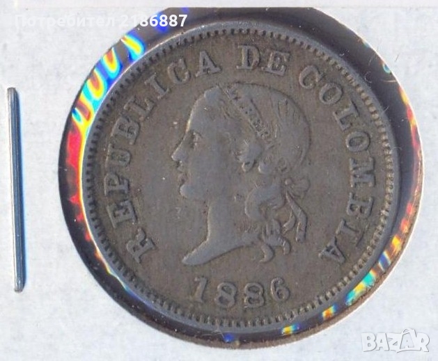 Колумбия 5 центавос 1886 година, много добра монета, снимка 1