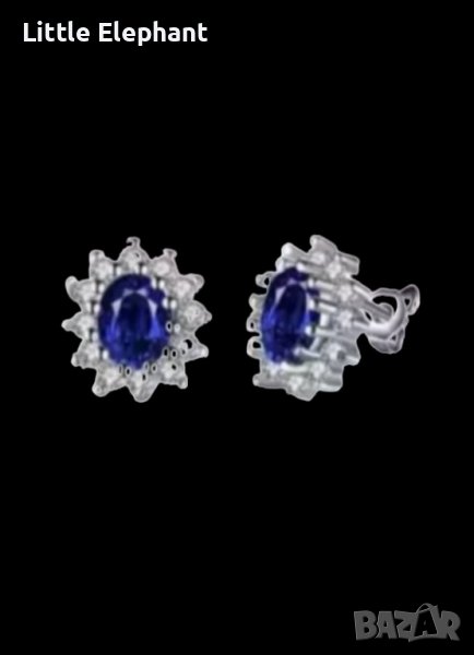 Сребърни обеци цветя с кристали,колекция"Flowers"white and dark blue/нови, снимка 1