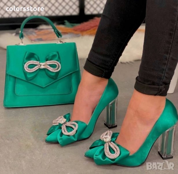 Обувки на ток зелен сатен -3111, снимка 1