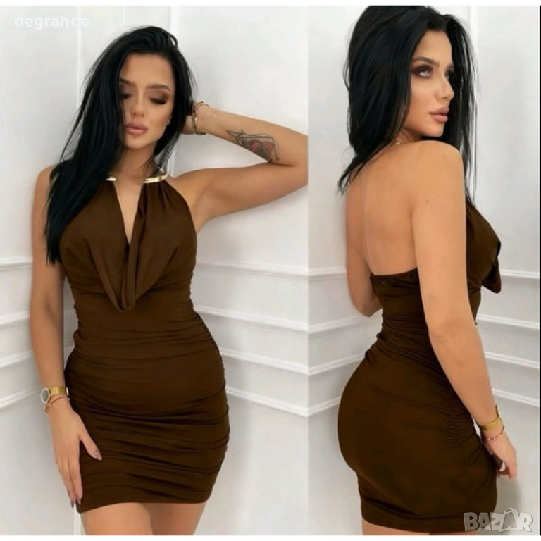 Права рокля за парти с метален златист аксесоар, снимка 1