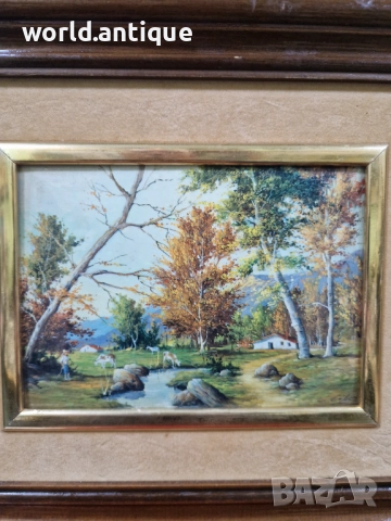 Прекрасна антикварна авторска картина емайл , снимка 6 - Картини - 52323145