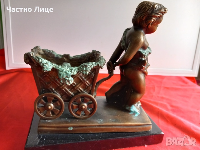 Jacques Bousseau Стара Бронзова Статуетка Херувим с Количка, снимка 5 - Антикварни и старинни предмети - 52489251