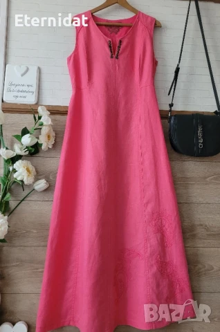 Розова дълга ленена рокля с бродерии 