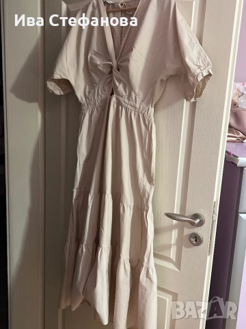 Нова 100 % памук памучна елегантна дълга рокля бежова волани къдри , снимка 5 - Рокли - 50509513