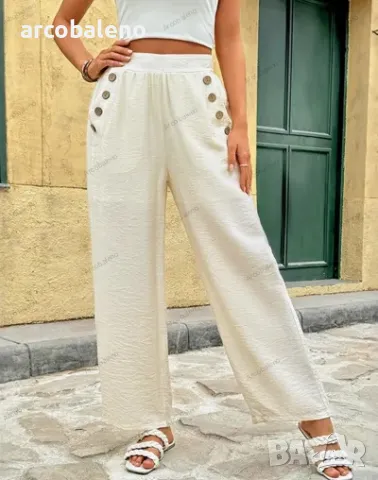 Дамски едноцветни ежедневни панталони с права талия и декорация от копчета, снимка 4 - Панталони - 50252164