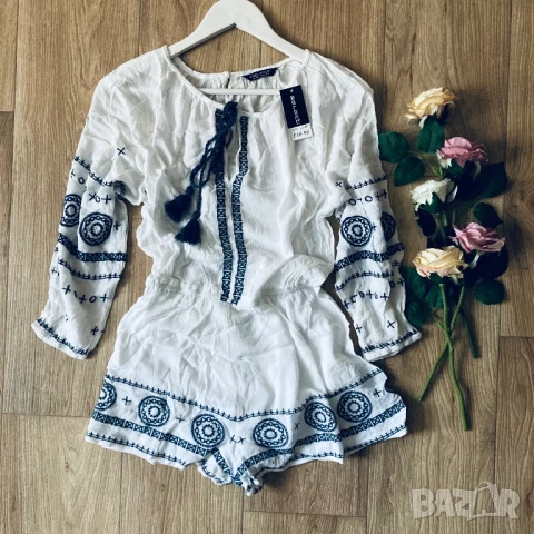 РАЗПРОДАЖБА Нов летен дамски бял гащеризон в бохо стил, с къс крачол размер 38 S/M, снимка 2 - Гащеризони - 50611912