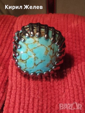 ПОСРЕБРЕН ТЮРКОАЗЕН АРТ ПРЪСТЕН РЕГУЛИРУЕМ с ШЛИФОВАН ЮВЕЛИРНО НАТУРАЛЕН ТЮРКОАЗ 26620, снимка 2 - Пръстени - 36382032