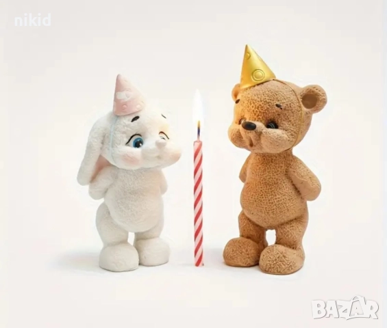 3d изправено Мече Зайче с празнична шапка силиконов молд форма фондан шоколад смола гипс свещ, снимка 4 - Форми - 52945772