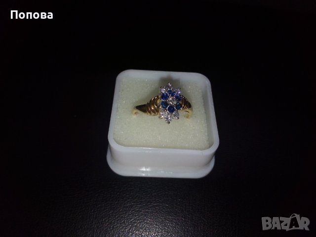 18k. златен пръстен с диаманти и сапфири, снимка 5 - Пръстени - 40624952