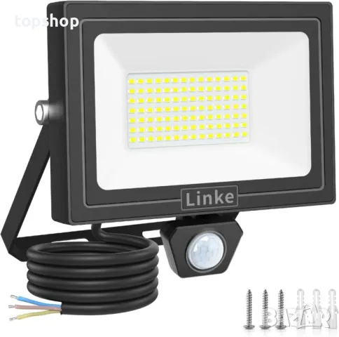Linke 80W охранителен LED прожектор с PIR сензор, IP66 водоустойчив, сензор за движение, 7200 лумена