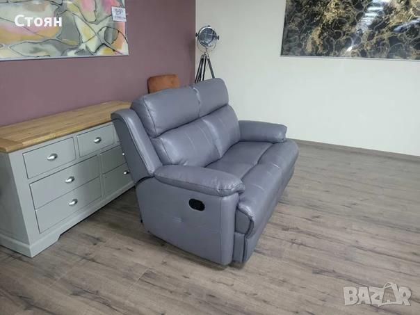 Сиво-лилав кожен диван двойка с ръчен релаксиращ механизъм, снимка 8 - Дивани и мека мебел - 44701782