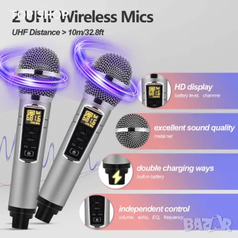 Караоке Bluetooth колонка HIUYRFS преносим комплект за деца с 2 безжични микрофона LED светлина, снимка 5 - Караоке - 49057847