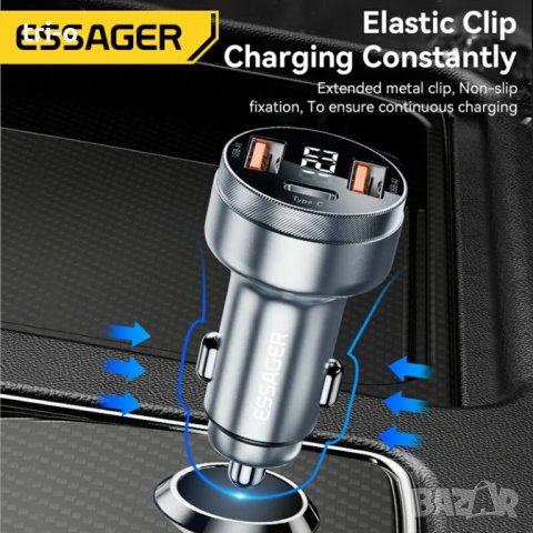 Essager 80W метално зарядно за автомобил 2хUSB+Type C / Fast Charging, снимка 3 - Зарядни за кола - 41851409