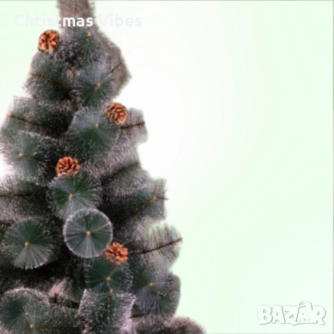 Коледна елха с шишарки и бели, заскрежени връхчета.