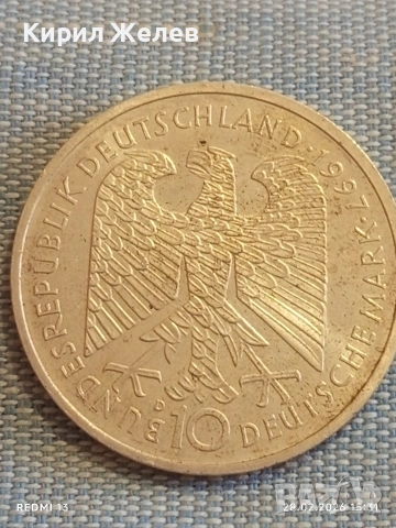 Сребърна монета 10 дойче марки 1997г. ФРГ тема 200г. От рождението на поета Хайнрих Хайне 53642, снимка 3 - Нумизматика и бонистика - 53657169