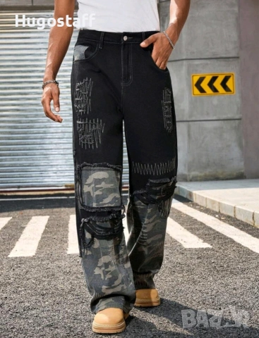 Нови черни камуфлаж baggy дънки Casual Loose Fit Jeans панталони карго Л/34, снимка 4 - Дънки - 53134626