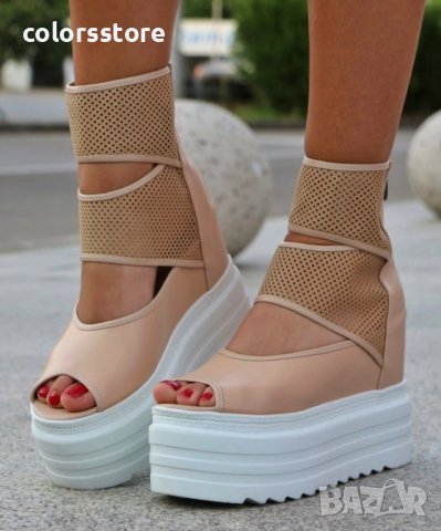 Летни боти на платформа - бежова кожа с бяло ходило - LB70, снимка 2 - Сандали - 41796209
