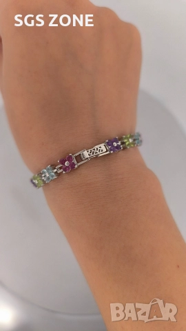 Нежна гривна с цветя от сребро с естествен топаз, аметист, перидот, цитрин, снимка 10 - Гривни - 52688944