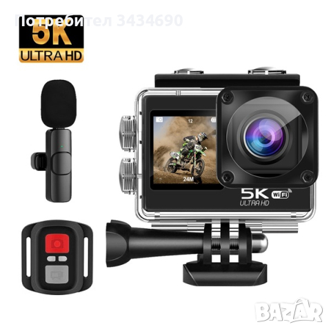 Спортна камера 5K с безжичен микрофон WIFI и тъч скрийн водоустойчива 30 метра 170 градуса /SPK057/, снимка 1 - Камери - 44513155