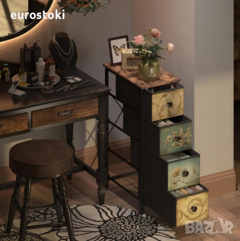 Скрин VEDECASA, тесен скрин с 4 чекмеджета от плат, метална рамка, дървен плот, винтидж дизайн, снимка 7 - Скринове - 52777328