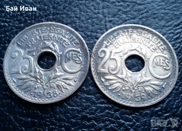 Стара монета 25 сантима 1938 г. и 1939 г. Франция - красиви !, снимка 3 - Нумизматика и бонистика - 42219984