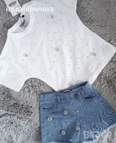 Разкошен комплект тениска и дънки с камъни, снимка 6 - Детски комплекти - 50719446