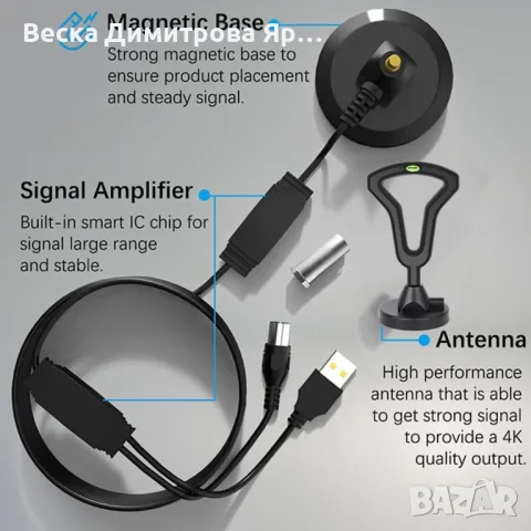 Цифрова антена HDTV с усилвател и магнитна основа, 36 DBI, снимка 2 - Ресийвъри, усилватели, смесителни пултове - 49432153