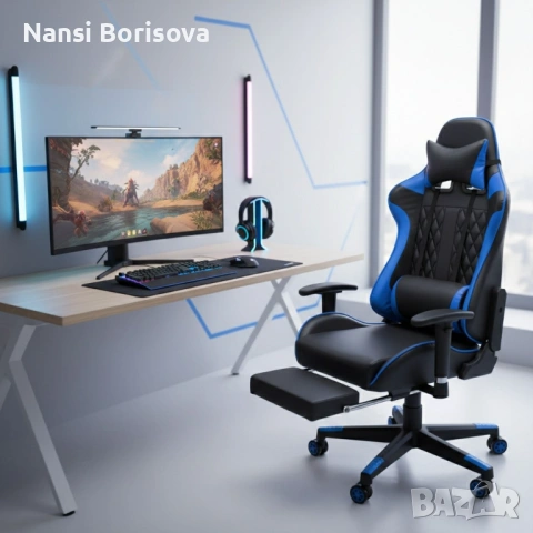 Геймърски стол за релакс с масаж и подложка за крака – син, снимка 3 - Столове - 53445014