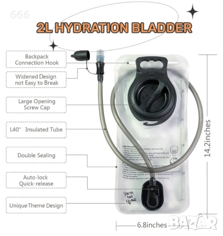 Хидратационен резервоар за вода 2 литра, херметичен, без BPA, с широко отваряне., снимка 4 - Други стоки за дома - 53301469