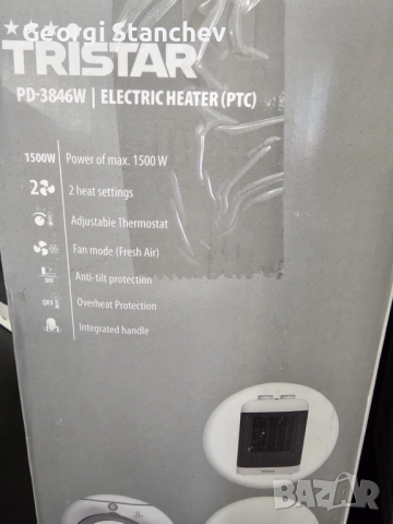 НОВ Керамичен вентилаторен нагревател TriStar pr-3846w, 1500w, бял, 16х20х11см, снимка 2 - Отоплителни печки - 52202227
