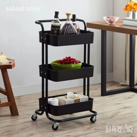 Количка с колелца за фризьорски салон, Помощен рафт, метална, черна, 3 рафта, 44x36x82см