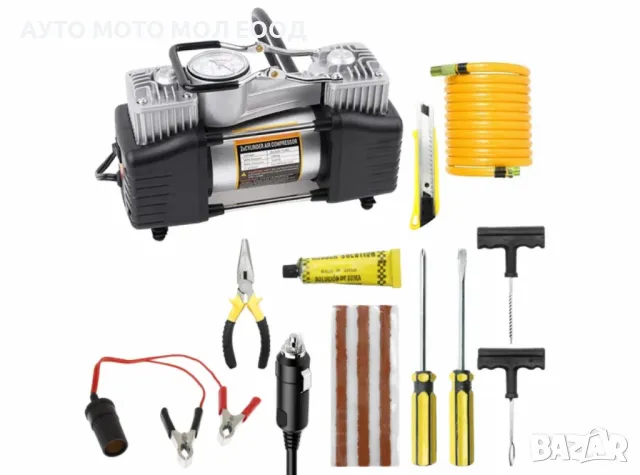 Двуцилиндров компресор за гуми с маркуч за въздух и инструменти., снимка 2 - Аксесоари и консумативи - 49914895