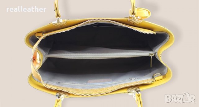 Дамска чанта с ефектна щампа от естествена кожа в цвят горчица, снимка 6 - Чанти - 34676545