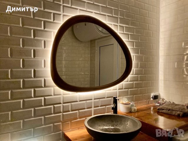 Ръчно изработено LED Огледало с подсветка в асиметрична дървена рамка от липа или дъб, снимка 3 - Огледала - 42691638