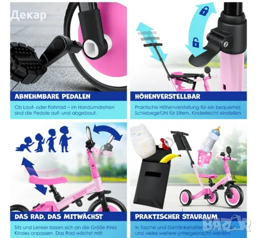 Велосипед за баланс 6в1, балансираща детска триколка от 1 до 5 години с товароносимост до 25 кг, снимка 10 - Детски велосипеди, триколки и коли - 49946116