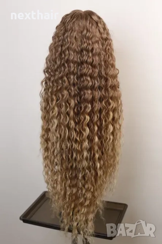 Омбре къдрици 80 см - кафява перука с реалистичен път 13x4x1, снимка 7 - Аксесоари за коса - 52662325