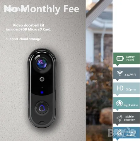 Безжичен видеозвънец PEKNIU, 1080P HD, PIR, нощно виждане, двупосочно аудио, 32 GB SD, 2.4G WiFi, снимка 2 - HD камери - 49707138