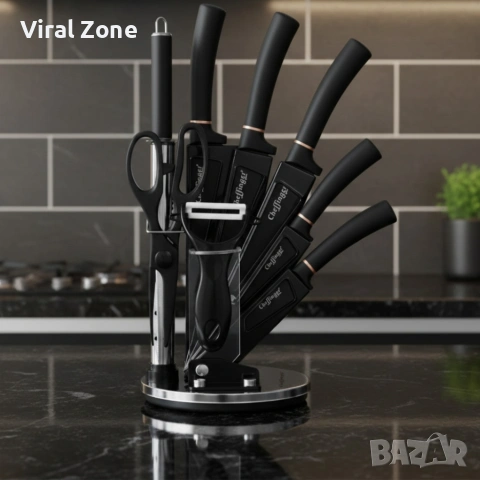 Комплект уреди за рязане Cheffinger – 9 части с мраморно покритие, стойка, точило и белачка, снимка 10 - Аксесоари за кухня - 53436168