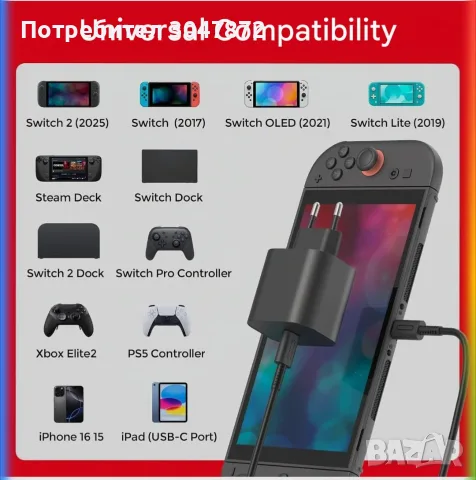 60W Fast Charger USB-C Универсално зарядно с адаптер - Nintendo Switch 2/ Switch1/ Steam Deck – НОВО, снимка 6 - Оригинални зарядни - 55768604