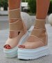 Летни боти на платформа - бежова кожа с бяло ходило - LB70, снимка 2