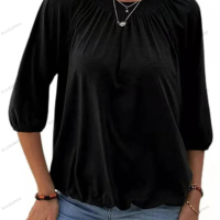 Едноцветна свободна дамска тениска с кръгло деколте и 3/4 ръкави, 8цвята , снимка 17 - Тениски - 44527835