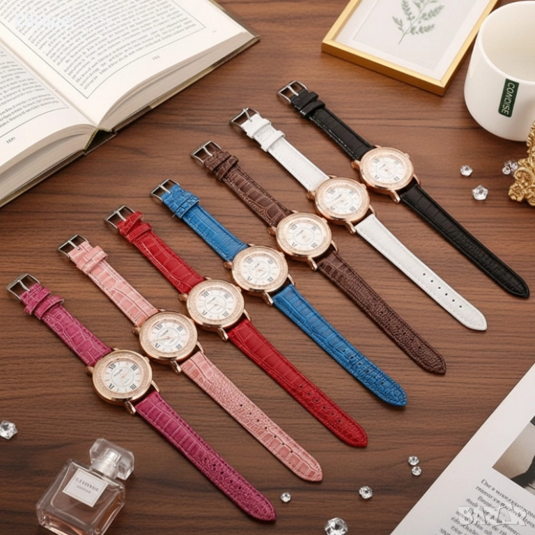 Дамски ръчен часовник с кръгъл циферблат с камъни и к. каишка. бял, червен, лилав, син, черен, розов, снимка 1