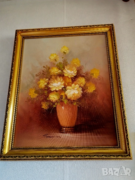 Винтидж оригинална маслена картина ваза и цветя на художника Робърт Кокс, снимка 1