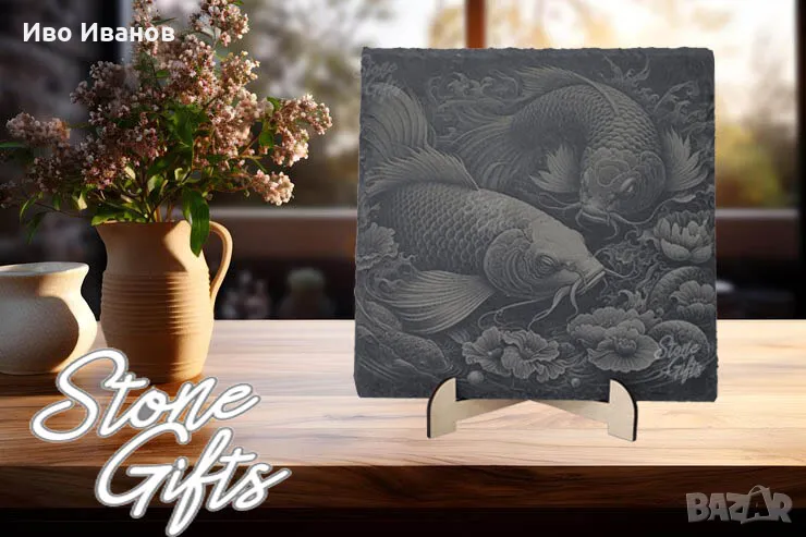 Гравирана гранитена плочка Риби КОИ, снимка 1